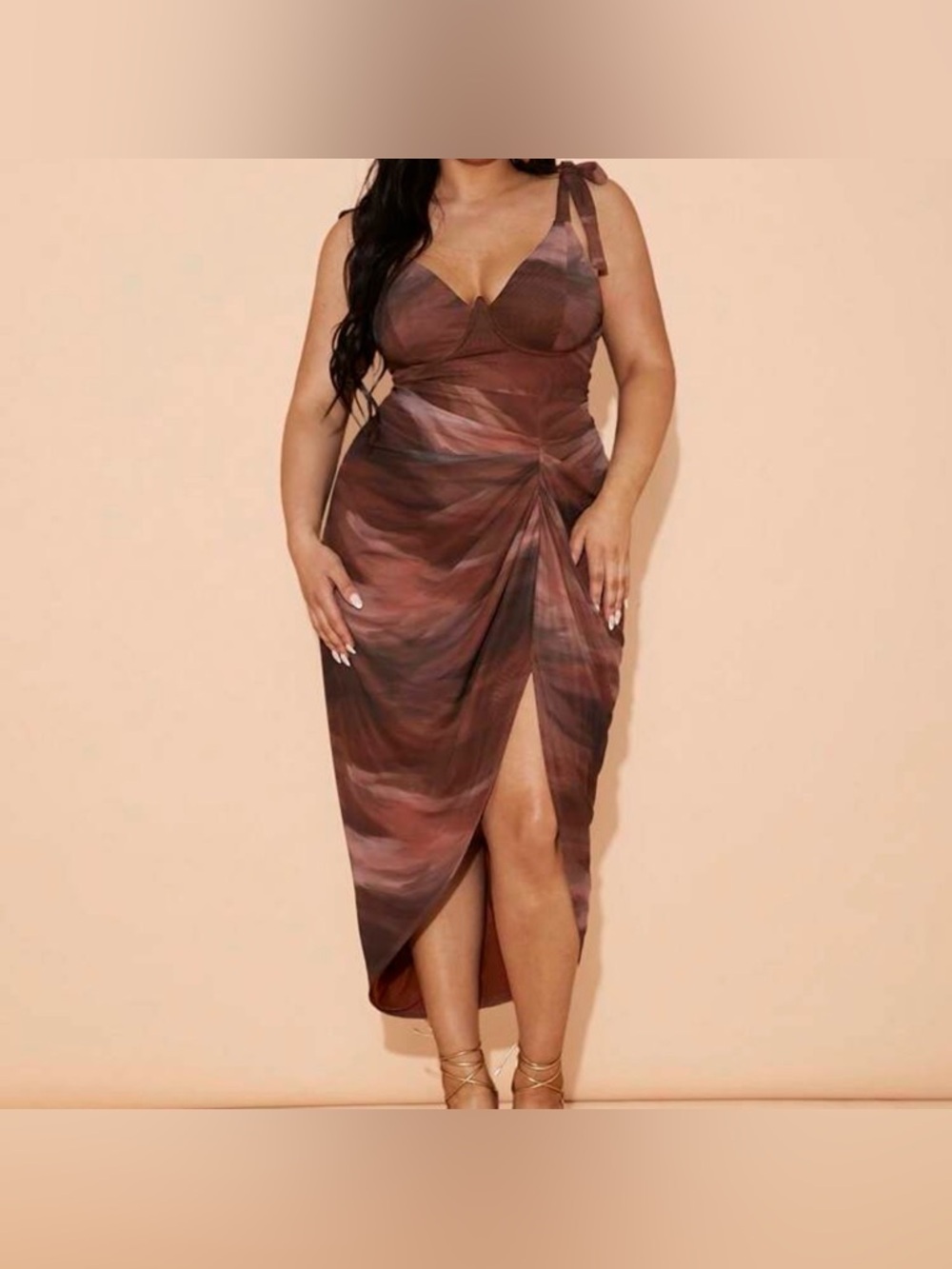 🆕 NEW Without Tags Brown Tie-Shoulder Midi Dress with Side Ruched Slit - 3XL